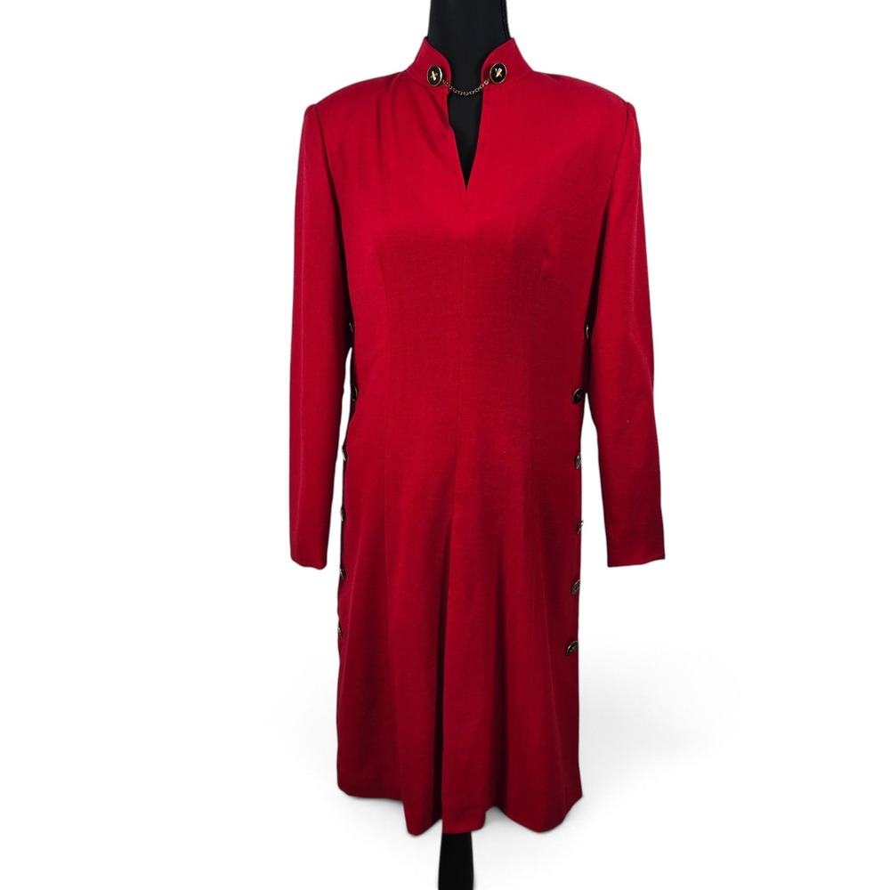 Vintage Richard Warren Wool Dress Womens 4 Red Mandarin Collar Chain Button Side